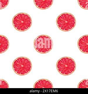 Modèle sans couture de tranches de pamplemousse. Illustration avec aquarelles et marqueurs. Morceaux d'agrumes rouges. Dessiné à la main isolé Écologique utile Banque D'Images