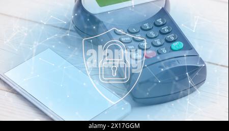 Image du réseau de connexions et cadenas de sécurité sur Shield sur terminal de paiement Banque D'Images