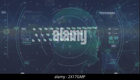 Image des icônes de traitement des données et des médias au-dessus du paysage urbain Banque D'Images