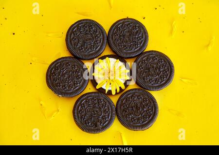 photo créative de biscuits aux pépites de chocolat remplis de crème sur fond jaune avec un cookie ouvert au milieu avec une fleur jaune Banque D'Images