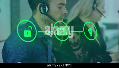 Image d'un réseau d'icônes numériques sur divers hommes d'affaires au bureau Banque D'Images