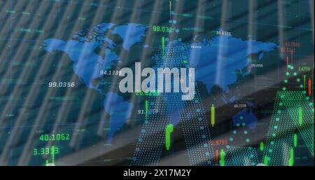 Image du traitement des données, des diagrammes et du marché boursier sur la carte du monde et le paysage urbain Banque D'Images