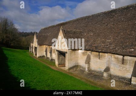 Un bel exemple d'une grange médiévale de dîme du XIVe siècle à Bradford-on-Avon. La structure calcaire locale de couleur miel chaude est baignée dans le spri précoce Banque D'Images