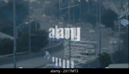 Image de globes, de graphiques, de langage informatique sur une vue en angle élevé de véhicules en mouvement sur la route Banque D'Images