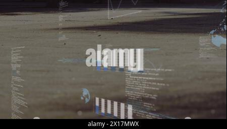 Image de graphiques, globes et langage informatique sur une section basse de personnes marchant dans la rue Banque D'Images