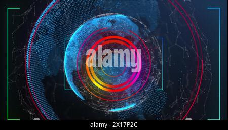 Image d'un réseau de connexions et d'un balayage de l'oscilloscope sur un globe tournant sur fond bleu Banque D'Images