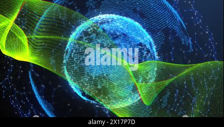 Image de l'onde numérique verte et réseau de connexions sur globe tournant sur fond bleu Banque D'Images