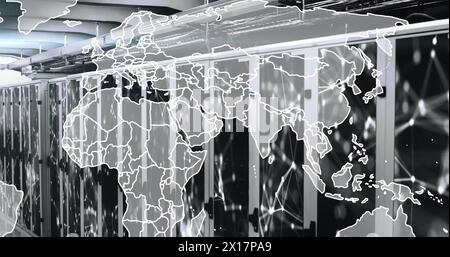 Illustration de la carte au-dessus des points connectés sur les racks de serveurs de la salle des serveurs Banque D'Images