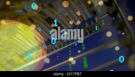Image de reflets de lentille tombants et de codes binaires en boucle sur des fils reliés au modem Banque D'Images