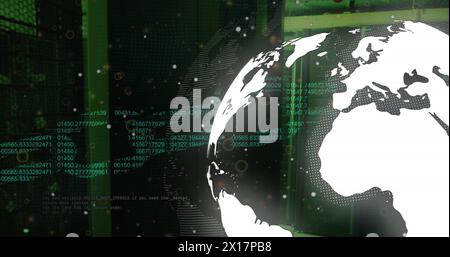 Image de l'icône de la chaîne de sécurité au-dessus du globe tournant et du traitement des données contre la salle des serveurs Banque D'Images