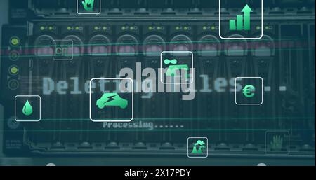 Image des icônes écologiques et du traitement des données sur des serveurs informatiques Banque D'Images