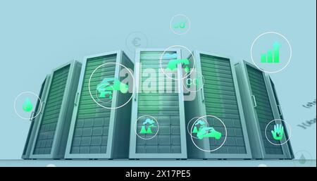 Image des icônes écologiques et du traitement des données sur des serveurs informatiques Banque D'Images