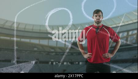 Joueur de rugby professionnel debout devant un stade de sport 4K. Banque D'Images