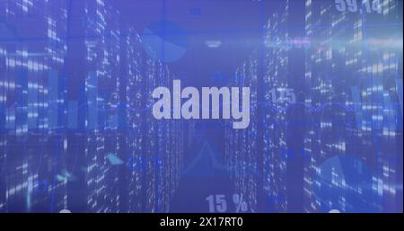 Image du traitement des données statistiques sur des écrans de carrés mosaïques sur fond bleu Banque D'Images