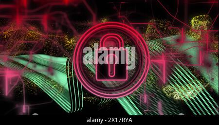 Image de l'icône de cadenas et du traitement des données sur fond sombre. Cybersécurité mondiale, connexions, interface numérique, communication, informatique et données Banque D'Images