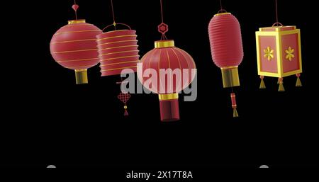 Image de lampes rouges chinoises suspendues avec espace de copie sur fond noir Banque D'Images