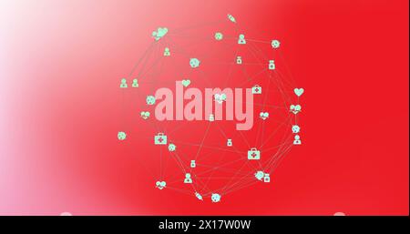 Image d'icônes médicales se connectant avec des lignes et formant un globe sur fond rouge Banque D'Images