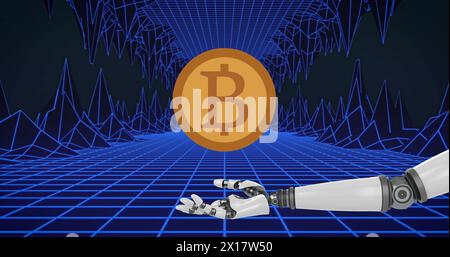 Image de bitcoin sur tunnel numérique avec bras robotique Banque D'Images