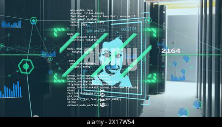 Image des icônes de profil changeantes et du traitement des données statistiques par rapport à la salle du serveur informatique Banque D'Images