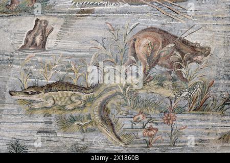 Fragment de mosaïque du Nil ou mosaïque de Palestrina. Paysage nilotique de Palestrina, Italie Banque D'Images