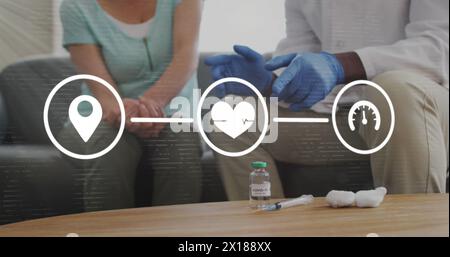 Image des rayons du soleil et icônes d'application sur le médecin masculin consultant le patient avant la vaccination Banque D'Images