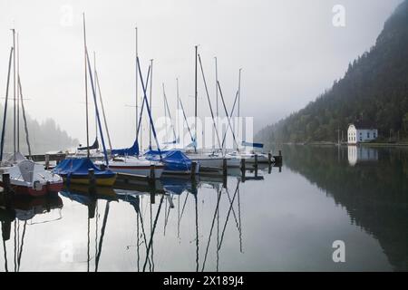 Voiliers amarrés à la marina sur le lac Plansee à travers le lever du soleil brumeux tôt le matin, Tyrol, Autriche Banque D'Images