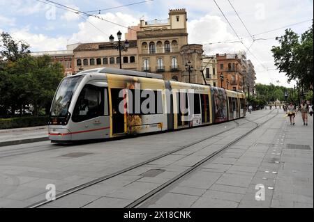 Séville, tram moderne sur les rails d'une rue animée de la ville à Séville, Séville, Andalousie, Espagne Banque D'Images