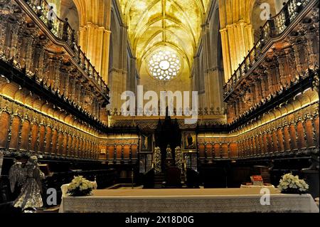 Stalles de chœur, salle de chœur de la cathédrale de Séville, cathédrale de Santa Maria de la Sede, Séville, l'intérieur d'une église avec chœur richement décoré Banque D'Images