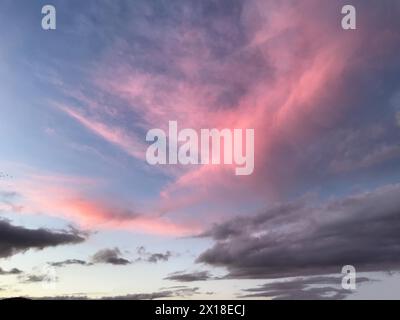 Au-dessus d'Altostratus, les nuages Cirrus sont illuminés en rose par le soleil couchant, sous les nuages gris de couche moyenne-haute d'Altostratus, Allemagne Banque D'Images