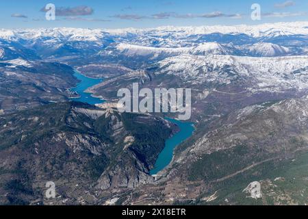 Vue aérienne, réservoir, Verdon, Alpes Maritimes, approvisionnement en eau, lac de Castillon, Saint-André-les-Alpes, Provence-Alpes-Côte d'Azur Banque D'Images