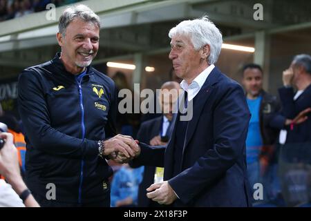 Bergame, Italie. 13 avril 2024. Gianpiero Gasperini d'Atalanta et Baroni de Vérone avant le match de football Serie A entre Atalanta et Hellas Vérone au stade Gewiss, dans le nord de l'Italie - lundi 15 avril 2024. Sport - Soccer . (Photo de Spada/LaPresse) crédit : LaPresse/Alamy Live News Banque D'Images