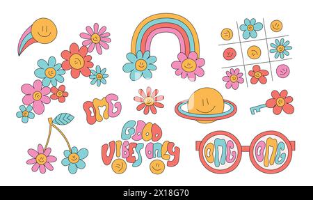 Illustrations hippie de dessin animé groovy. Hippie 60s, 70s style fleurs, Marguerite, arc-en-ciel, verres, cosmique. Illustration de Vecteur