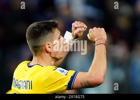 Bergame, Italie. 15 avril 2024. Magnani de Vérone à la fin du match de football Serie A entre Atalanta et Hellas Vérone au stade Gewiss, dans le nord de l'Italie - lundi 15 avril 2024. Sport - Soccer . (Photo de Spada/LaPresse) crédit : LaPresse/Alamy Live News Banque D'Images