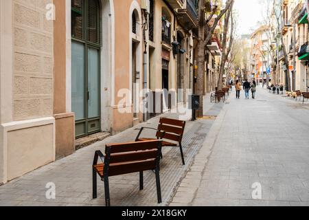 Superblock ou Superilla Hostafrancs, quartier de la ville de Barcelone, en Espagne, qui est fortement restreint pour les voitures Banque D'Images