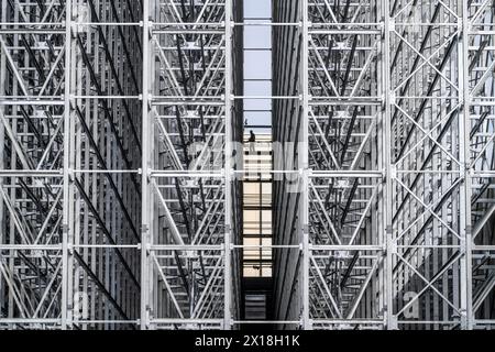 Construction d'un entrepôt à rayonnages élevés, système de stockage pour une grande utilisation de l'espace, dans la construction métallique, NRW, Allemagne, Banque D'Images