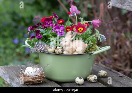 arrangement de pâques avec lapin de pâques et pasqueflower rouge, bellis perennis et fleur d'alto dans un pot en émail Banque D'Images