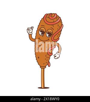 Personnage groovy rétro de Corndog de dessin animé ou fast food funky, personnage comique vectoriel. Saucisse groovy Corndog avec OK geste de la main droite, hippie drôle des années 70 ou hipster fastfood dans l'art de bande dessinée Illustration de Vecteur