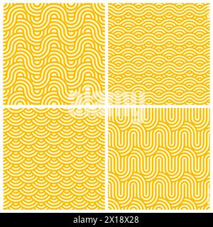 Ensemble de fonds à motif nouilles ramen jaunes. Tuiles vectorielles sans couture avec macaronis, pâtes, soba ou spaghetti entrelacés. Ornements répétés, formant une texture appétissante et des formes ondulées Illustration de Vecteur