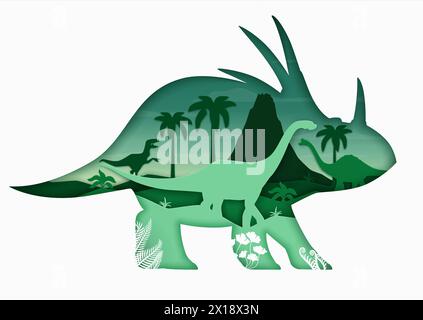 Silhouette de dinosaure triceratops coupé en papier avec paysage de l'ère préhistorique. Cadre vectoriel 3d isolé en forme d'animal dino avec apatosaurus ou tyrannosaurus rex parmi les palmiers, volcans et plantes anciennes Illustration de Vecteur