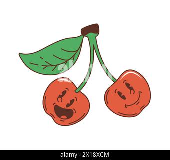 Dessin animé rétro hippie groovy Cherry Twins symbole. Couple vecteur mignon isolé de baies d'été fraîches et mûres accrochées sur la même tige. Baies juteuses nostalgiques comiques ou personnages de fruits Illustration de Vecteur