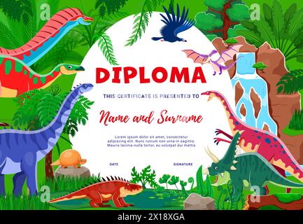 Diplôme pour enfants avec des personnages de dinosaures de bande dessinée, modèle de certificat d'éducation vectorielle. Reptiles dinosaures drôles dans la forêt jurassique, dinosaure T-rex et ptérodactyl pour le certificat de diplôme de maternelle Illustration de Vecteur
