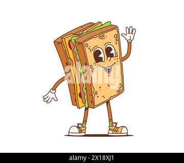 Personnage groovy sandwich rétro de dessin animé ou fast food funky, personnage comique vectoriel. Toast sandwich joyeux avec visage souriant drôle et geste de main, hippie des années 70 ou hipster Fastfood dessin animé Illustration de Vecteur