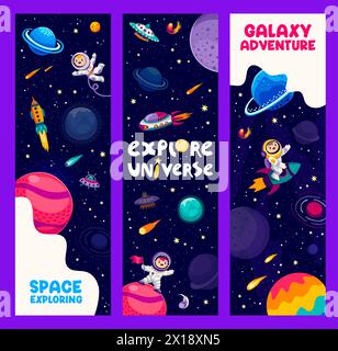 Bannières de l'espace galaxie avec des astronautes d'enfants de bande dessinée, des engins spatiaux et des planètes sur fond de vecteur de ciel étoilé. Drôles d'astronomes et d'extraterrestres volant sur des fusées et un vaisseau spatial OVNI à travers des étoiles et des astéroïdes Illustration de Vecteur
