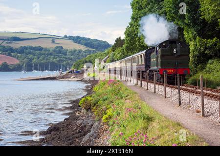 Angleterre, Devon, GWR locomotive à vapeur n° 5239 'Goliath' approchant Kingswear sur le chemin de fer à vapeur de Dartmouth Banque D'Images