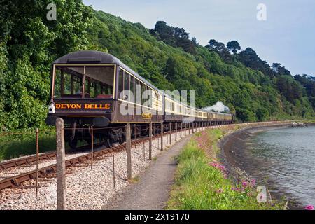 Angleterre, Devon, GWR locomotive à vapeur n° 5239 'Goliath' approchant Kingswear sur le chemin de fer à vapeur de Dartmouth Banque D'Images