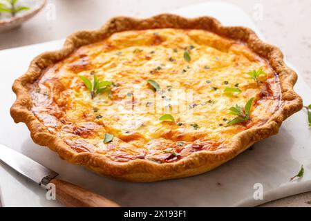 Quiche au saumon et au fromage aux herbes fraîchement cuites pour le petit déjeuner, tarte entière Banque D'Images