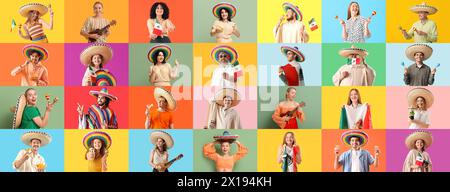 Collage de gens mexicains sur fond de couleur Banque D'Images