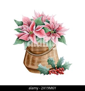 Plantes et fleurs de Noël avec des fleurs poinsettia en pot brun vintage et illustration aquarelle de baies de houx rouge Banque D'Images