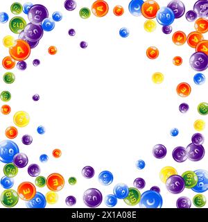 Complexe de vitamines et minéraux. Suppléments multivitamines ronds colorfull pilules dispersées. Traitement de beauté et soin de la peau de nutrition. Illustration vectorielle de vitamines essentielles. Concept de vie saine. Illustration de Vecteur