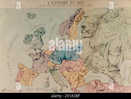 Carte de Hadol de l'Europe en 1871, caricature politique Banque D'Images